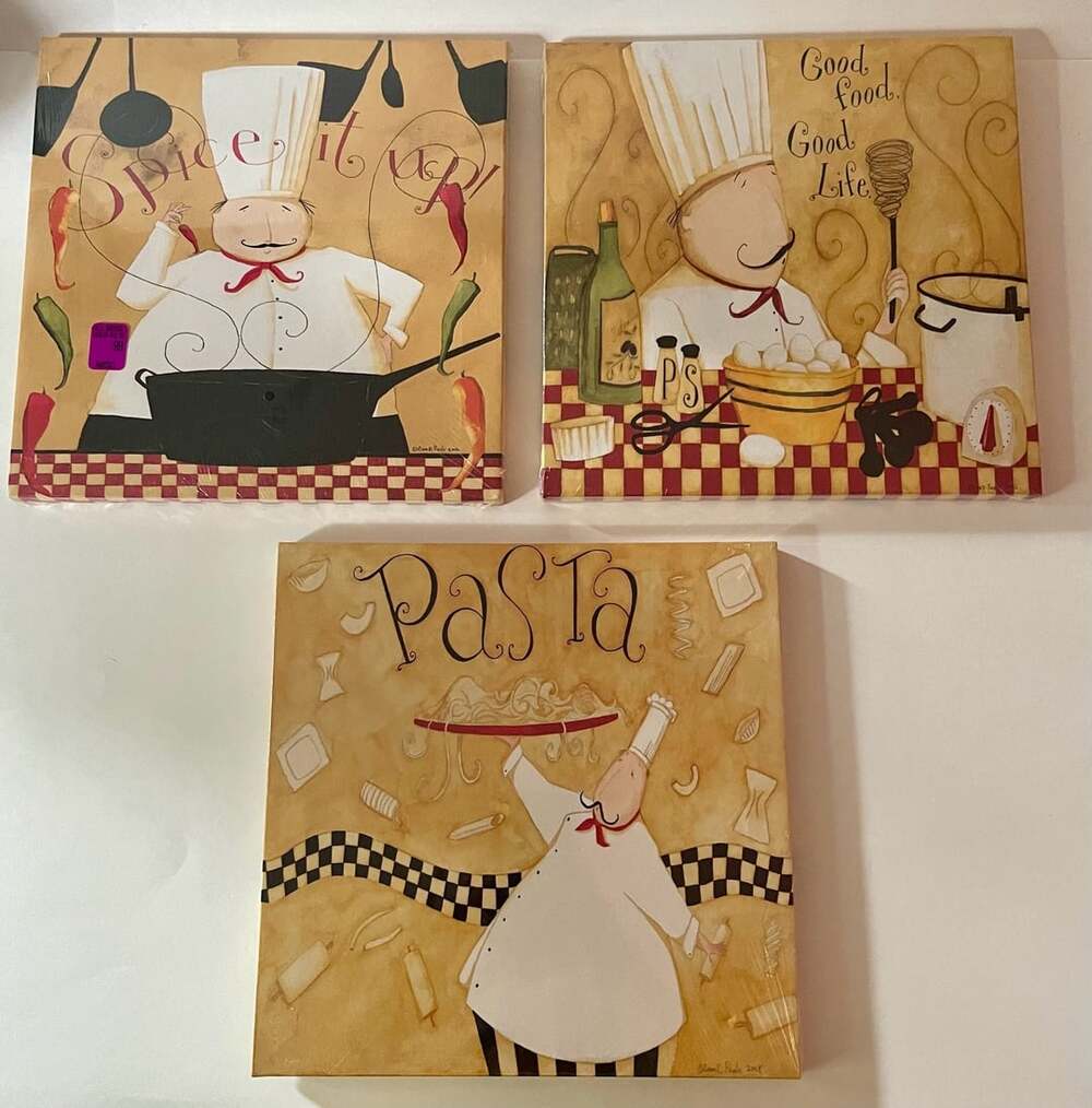 Set of 3 Dan DiPaolo Chef Kitchen Theme Canvas Wall Art Prints 10x10 Inches NEW